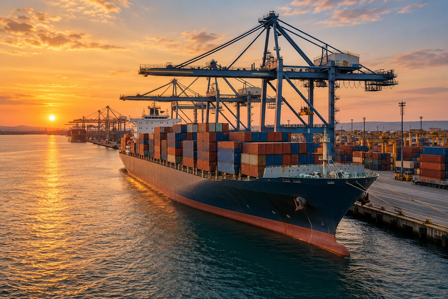 Cargo ship and containers at an international port