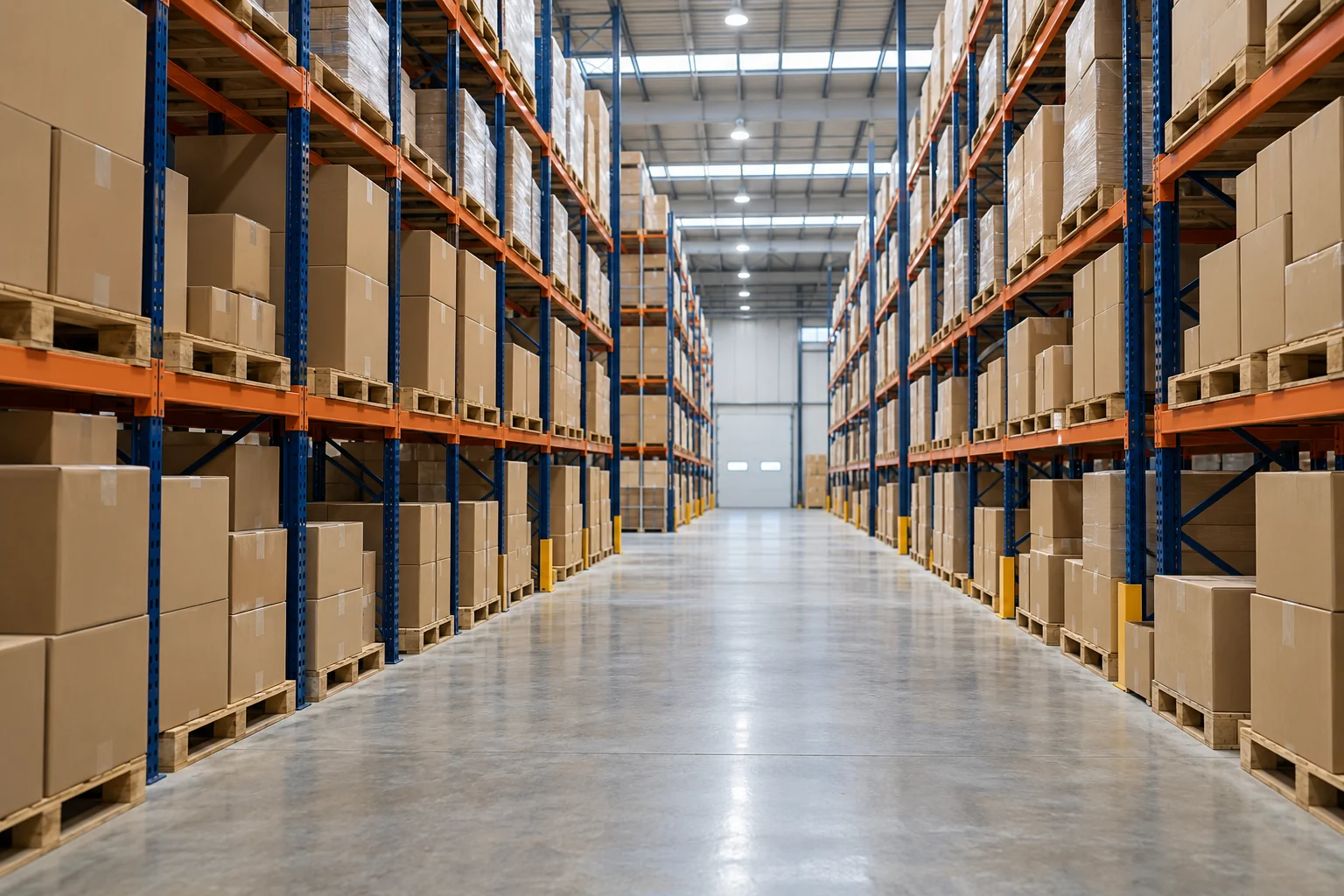 Cartons stored on warehouse racks